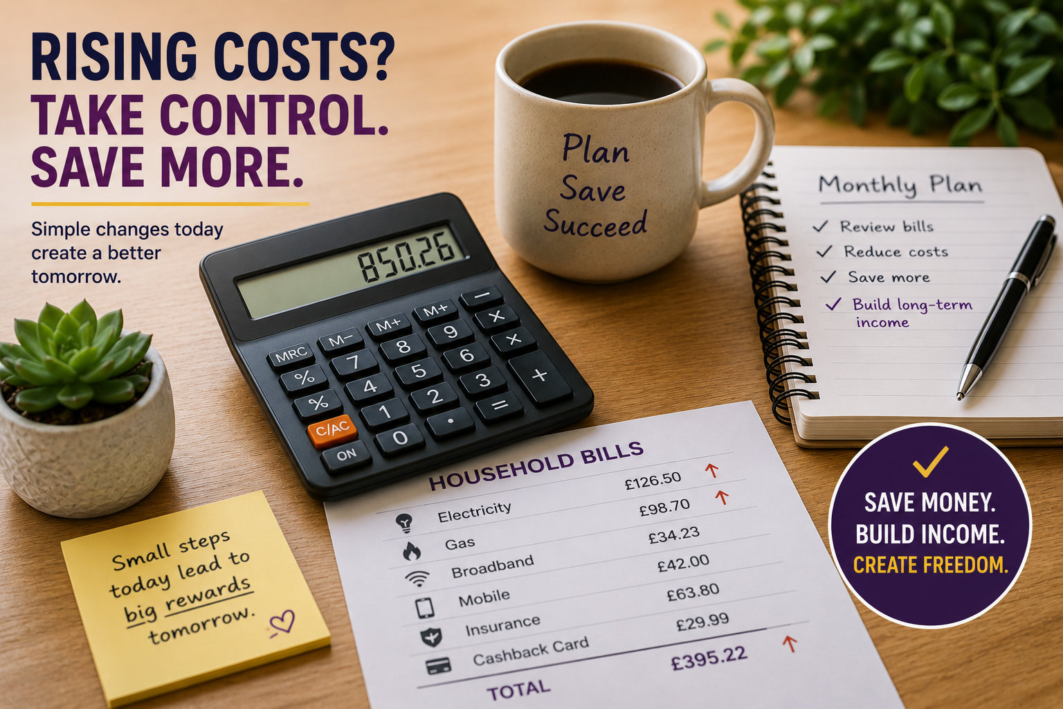 Household bills, calculator and budgeting plan
