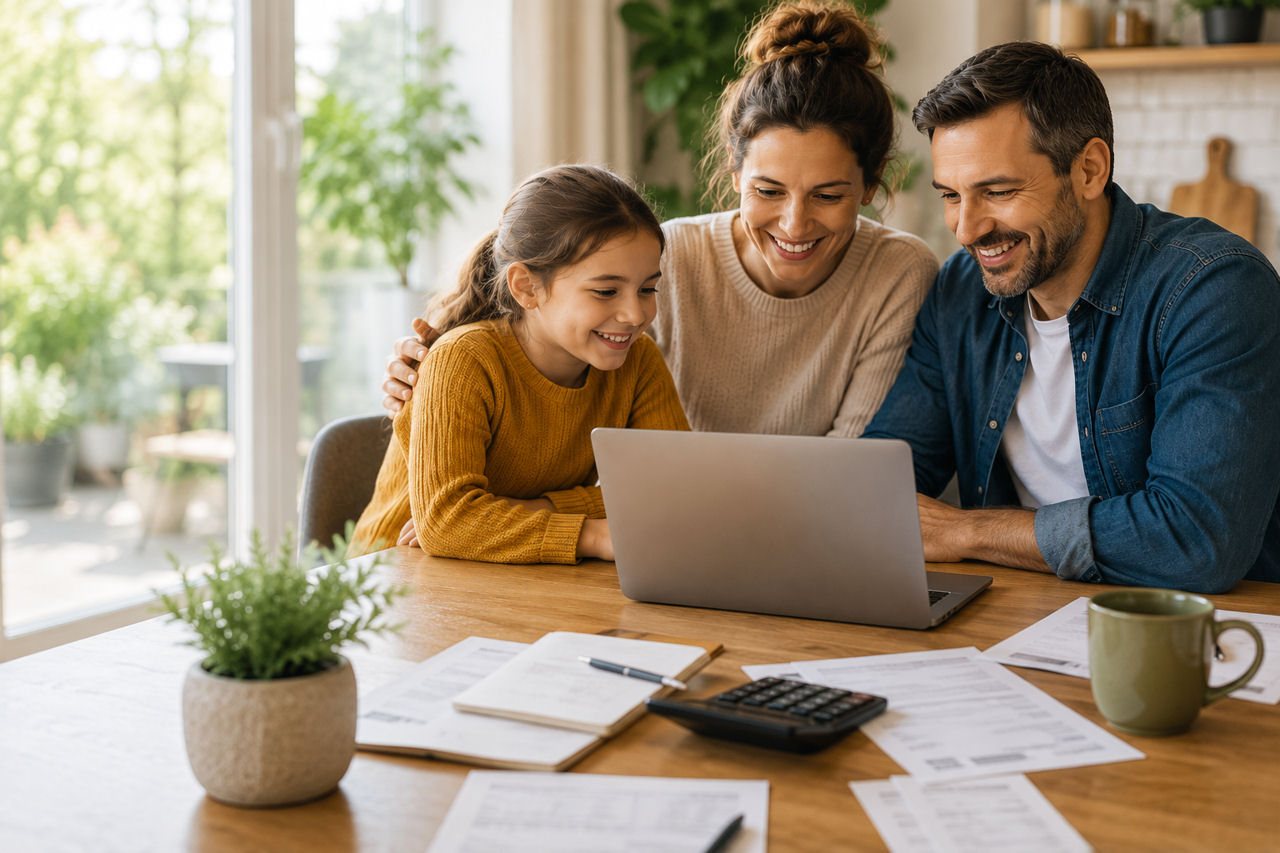 Family reviewing household bills and exploring ways to save money