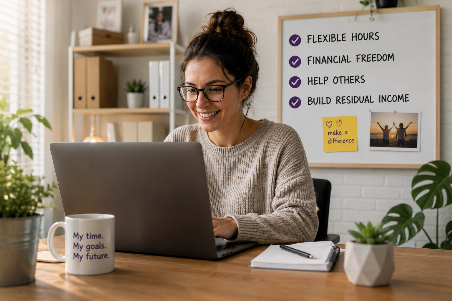 Person working from home with goals for flexibility and residual income